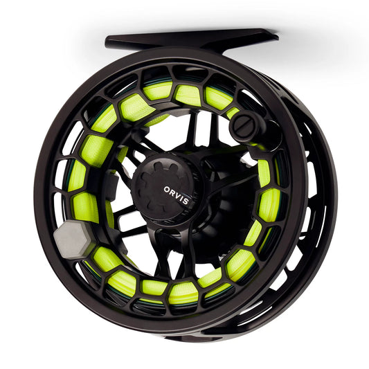 Black Orvis Ratio fly reel front view with bright green fly line spooled
