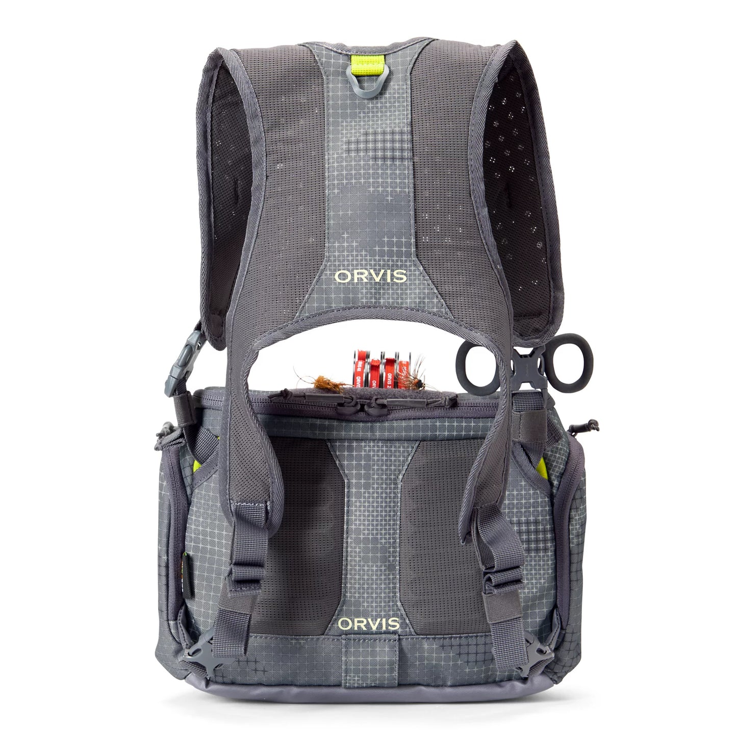 back view of the Orvis Chest Pack showing padded mesh shoulder straps and harness system