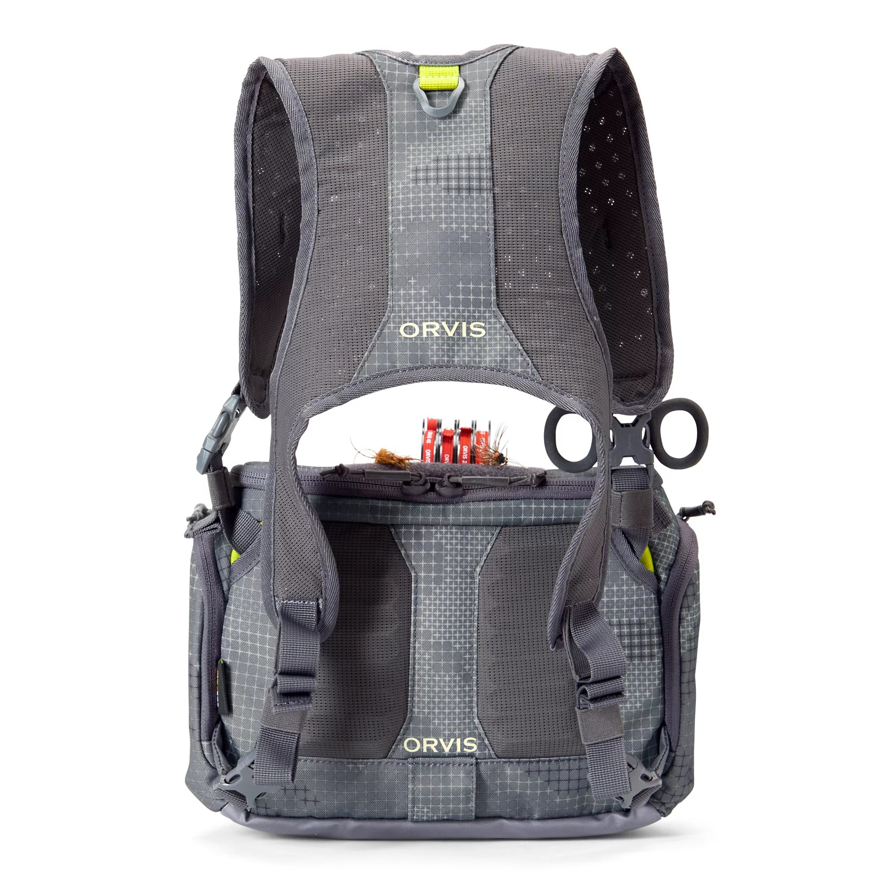 back view of the Orvis Chest Pack showing padded mesh shoulder straps and harness system