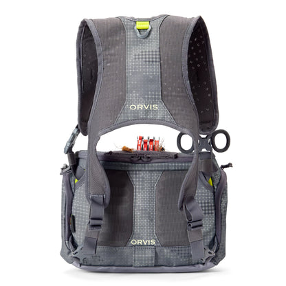 back view of the Orvis Chest Pack showing padded mesh shoulder straps and harness system