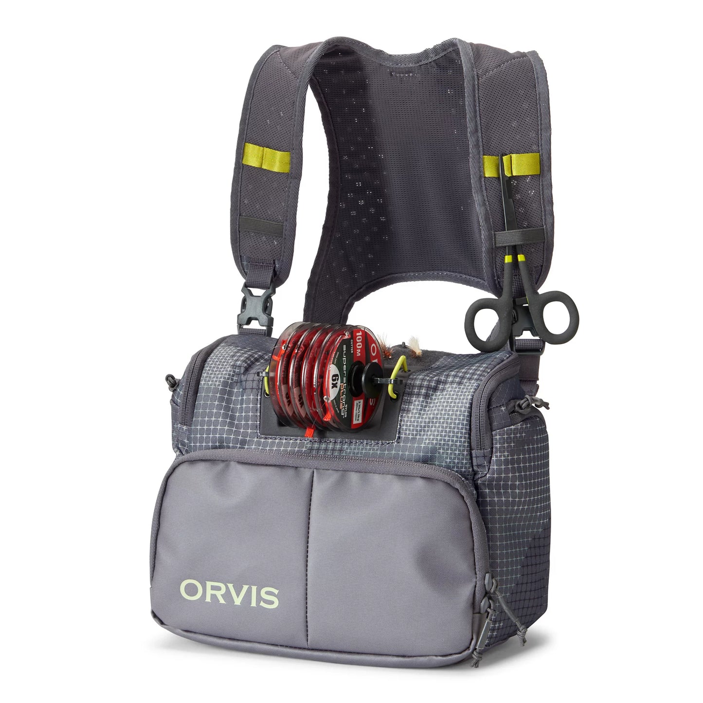 front view of the Orvis Chest Pack with visible fly and tippet storage
