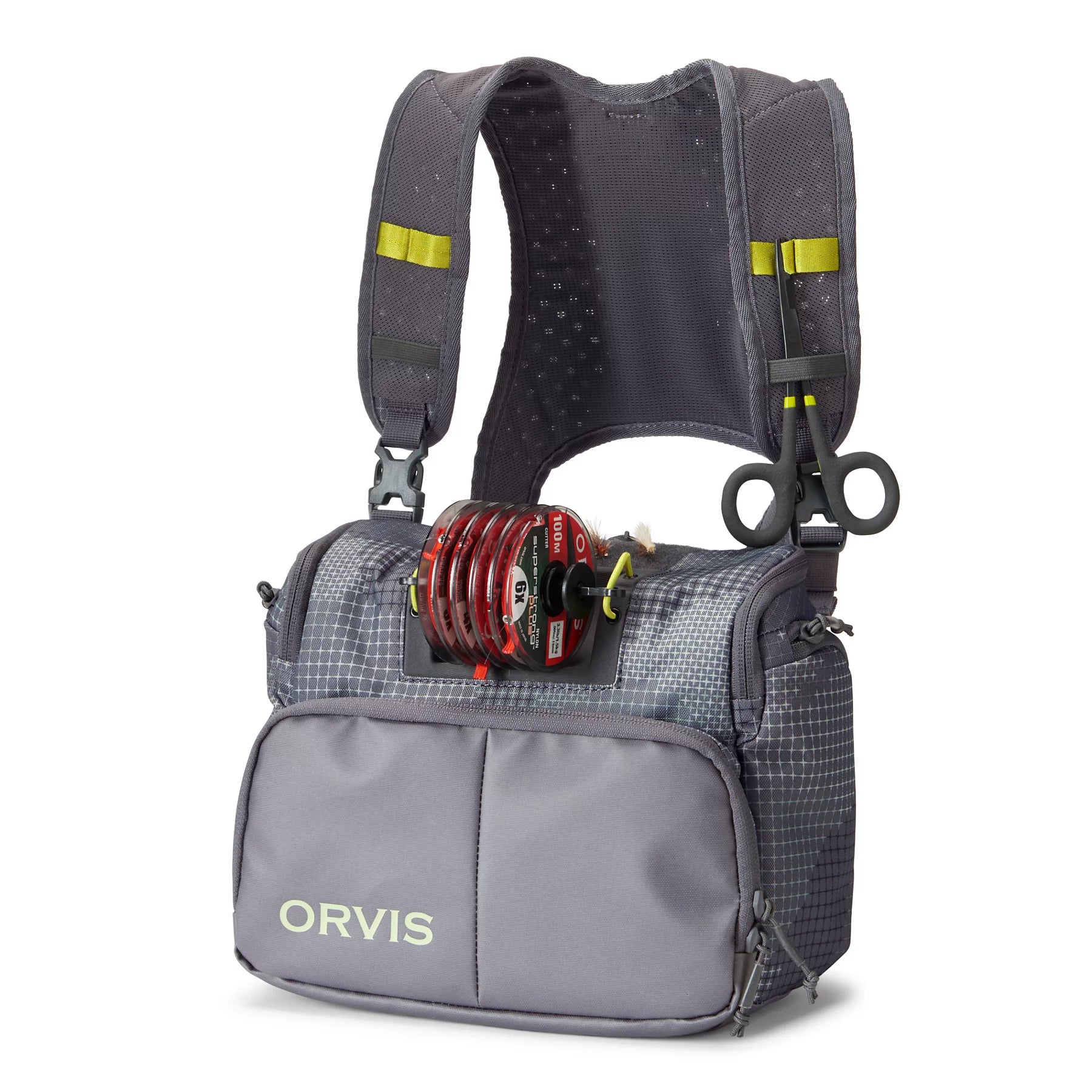 front view of the Orvis Chest Pack with visible fly and tippet storage