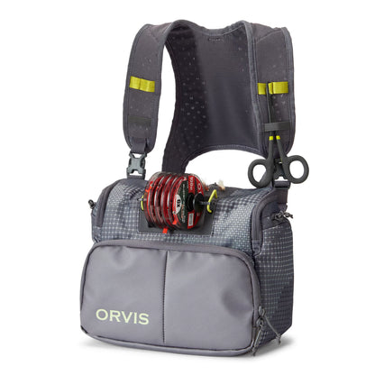 front view of the Orvis Chest Pack with visible fly and tippet storage