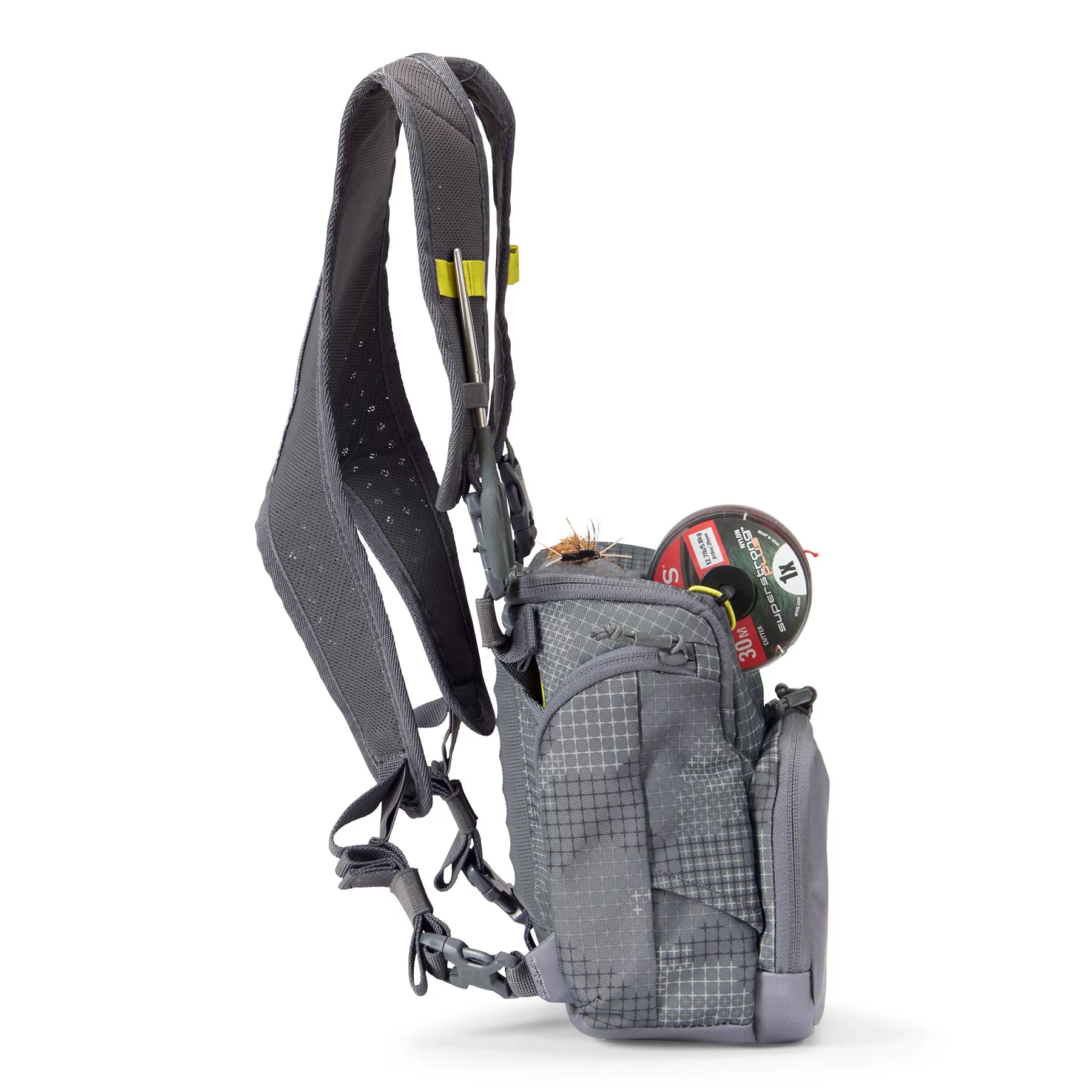 side view of the Orvis Chest Pack showing fly fishing accessories and gear compartments
