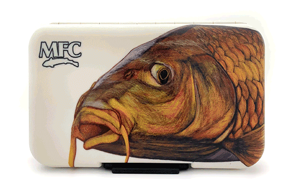 Close-up fish artwork of a carp on a Montana Fly Company Polly Fly Box