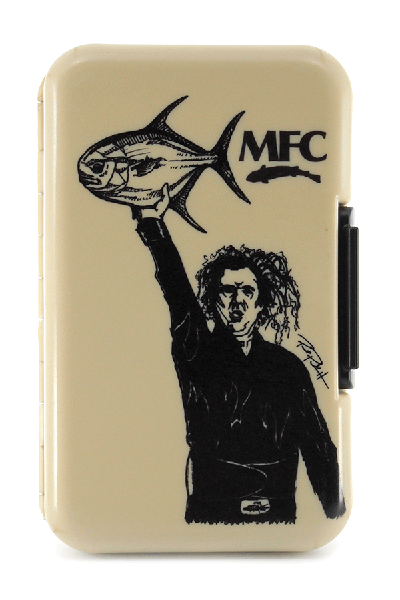 Illustration of a woman raising a fish above her head on a Montana Fly Company Polly Fly Box
