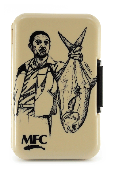 Polly Fly Box with sketch of a man holding a large permit fish, by MFC