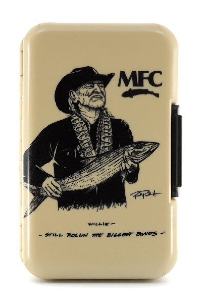 Polly Fly Box featuring sketch of Willie Nelson holding a fish, by MFC