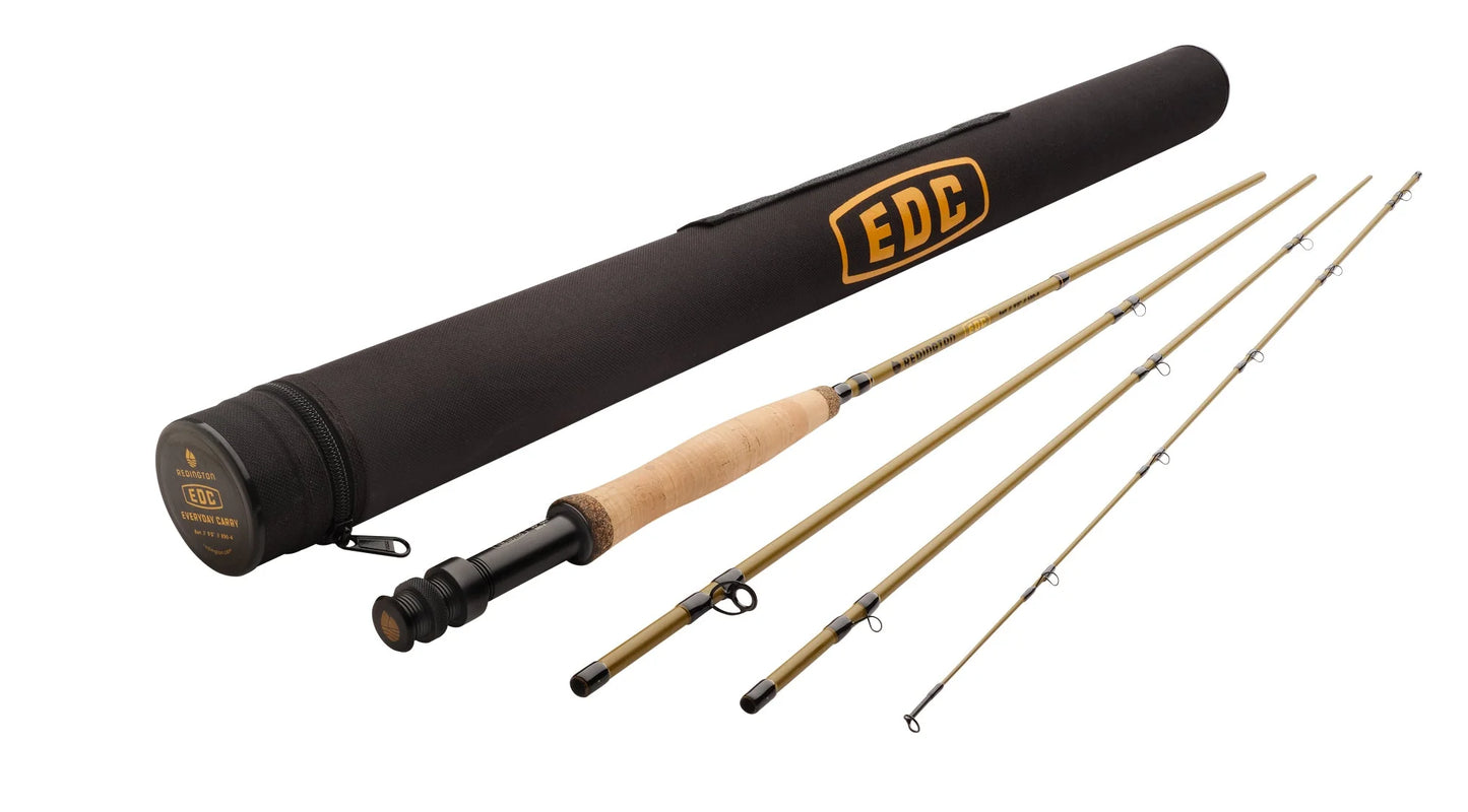 Redington EDC Fly Rod fully disassembled next to its black protective rod tube, showing all four sections and cork handle.