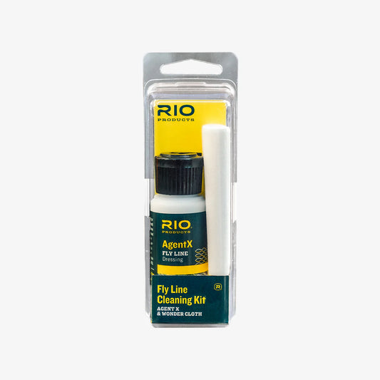 RIO AgentX Fly Line Cleaning Kit with fly line dressing bottle and Wonder Cloth in packaging.