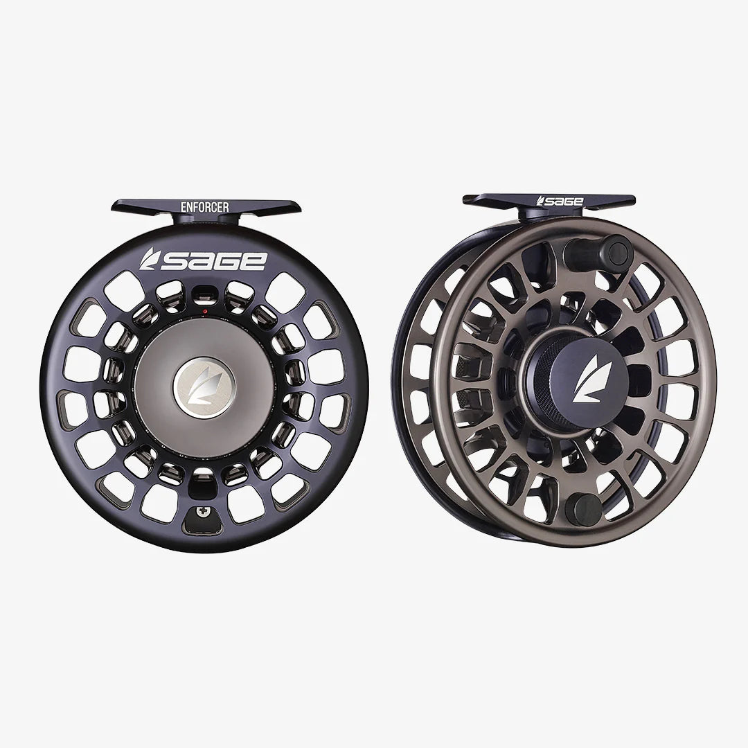 Two Sage fly fishing reels on a white background