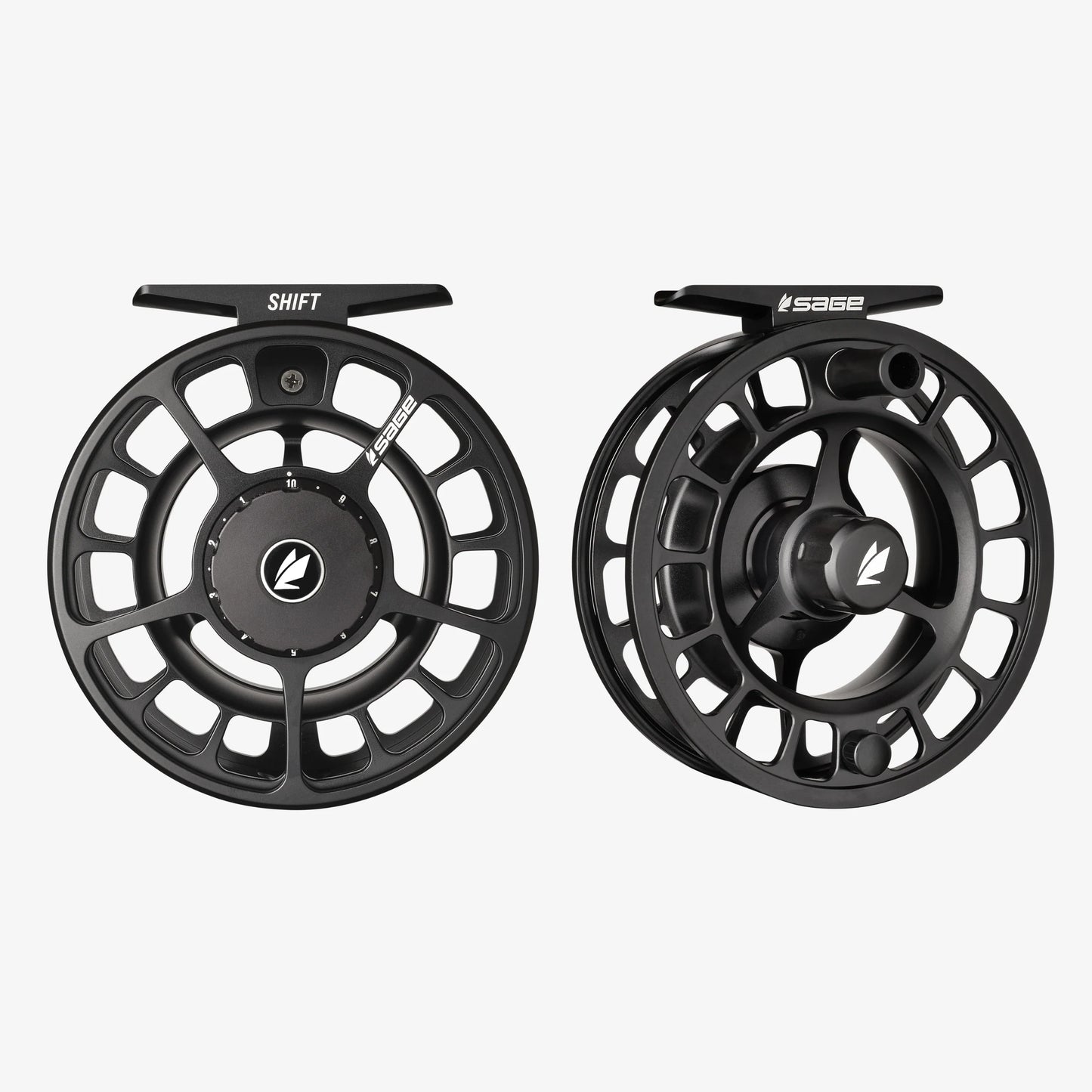 Two black fly fishing reels with 'Sage' branding on a white background