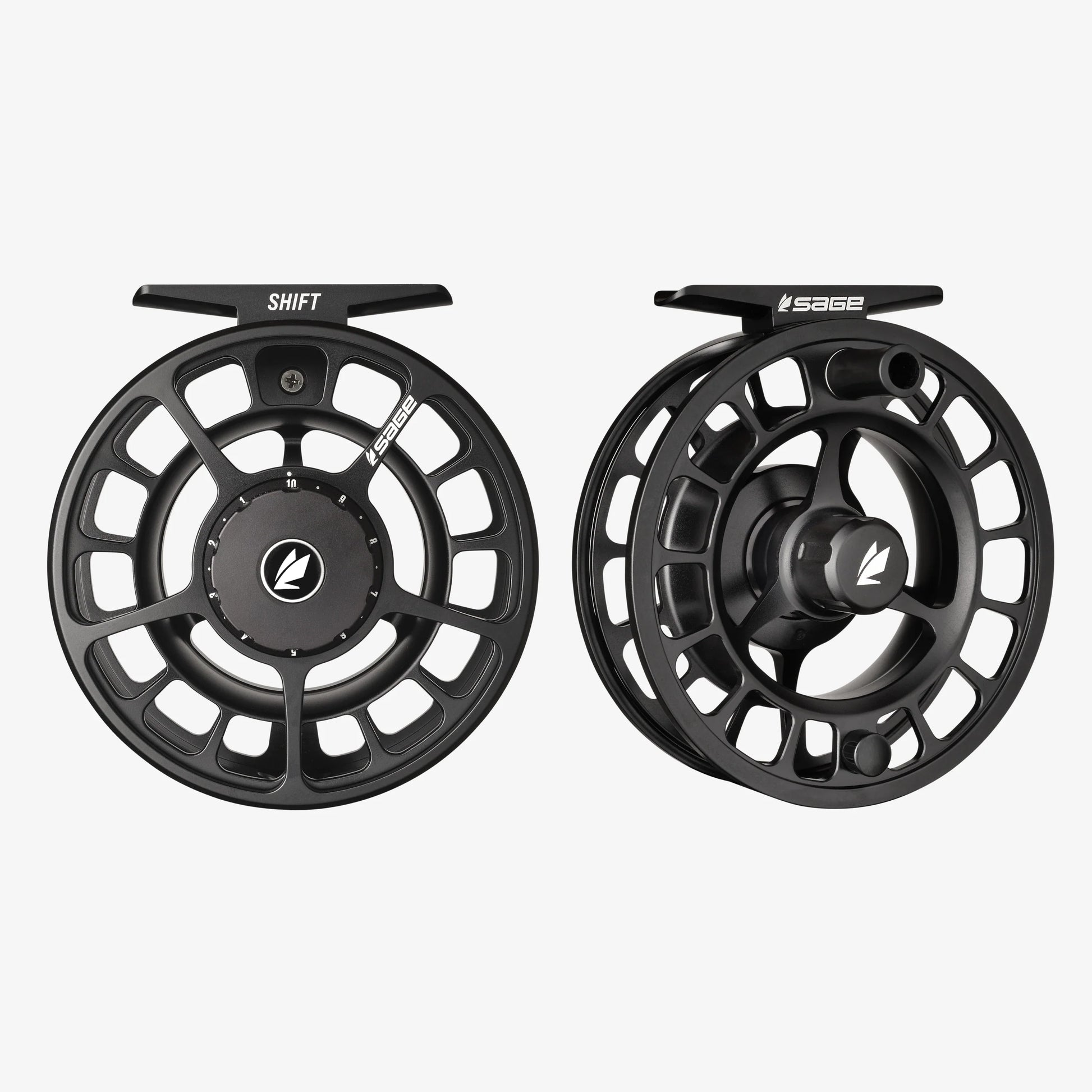 Two black fly fishing reels with 'Sage' branding on a white background
