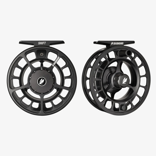 Two black fly fishing reels with 'Sage' branding on a white background