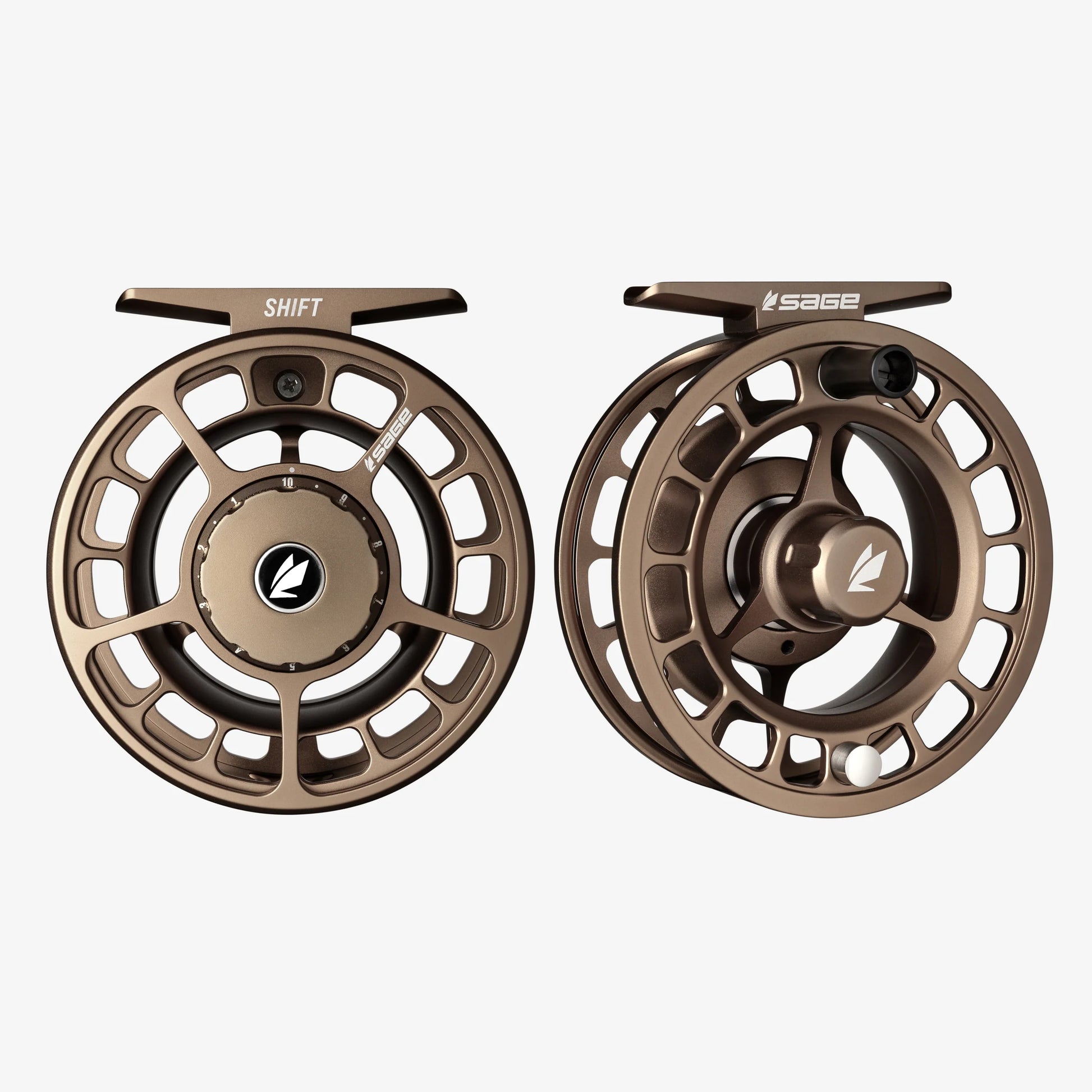 Two bronze fly fishing reels with 'Sage' branding on a white background
