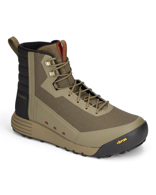 Side view of Simms Access wading boot showing durable upper, lacing system, and Vibram outsole for traction