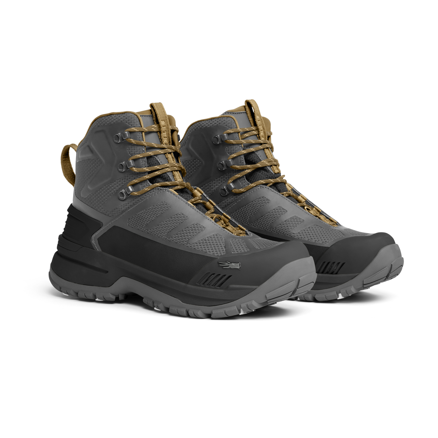 Pair of gray and brown hiking boots on a white background