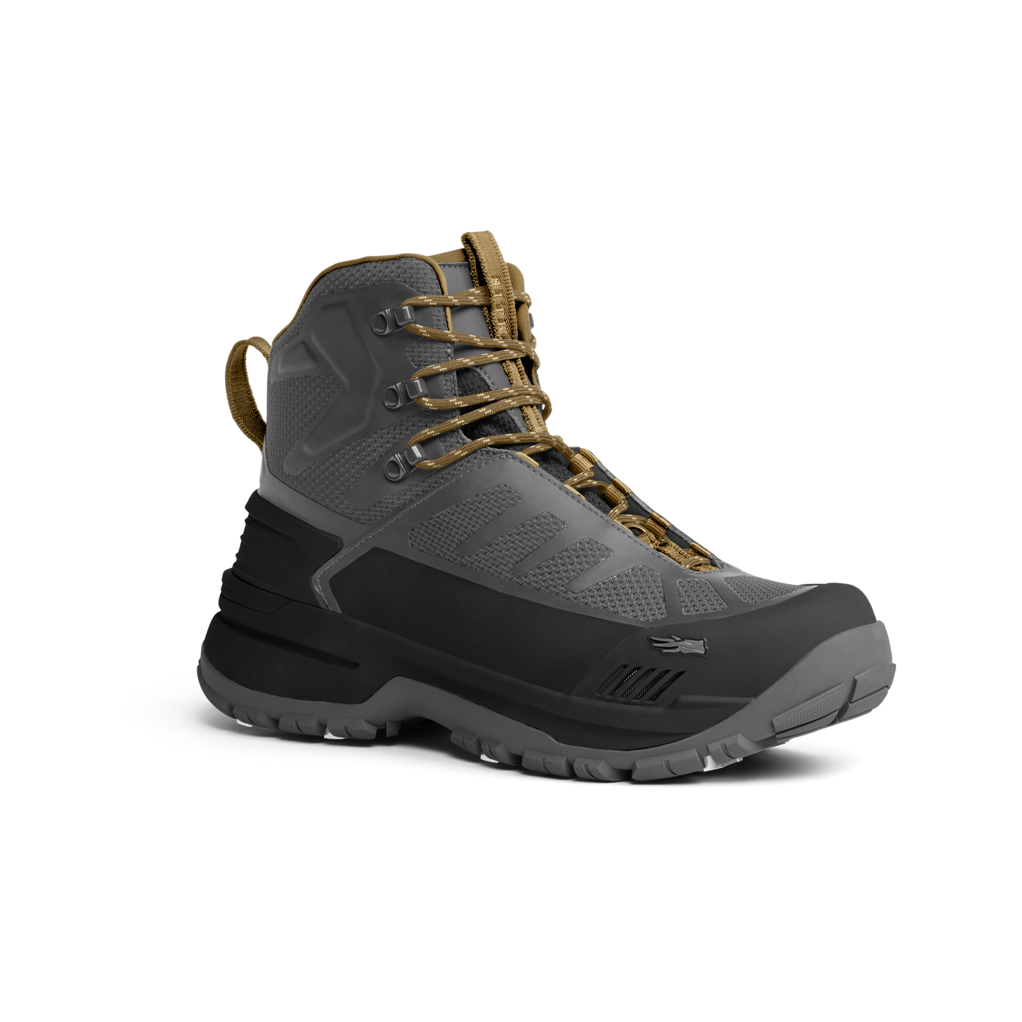 Gray and black hiking boot with brown laces on a white background