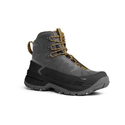 Gray and black hiking boot with brown laces on a white background