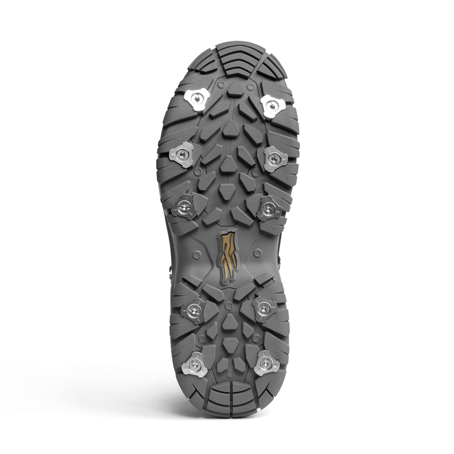 Close-up of a shoe sole with cleats on a white background