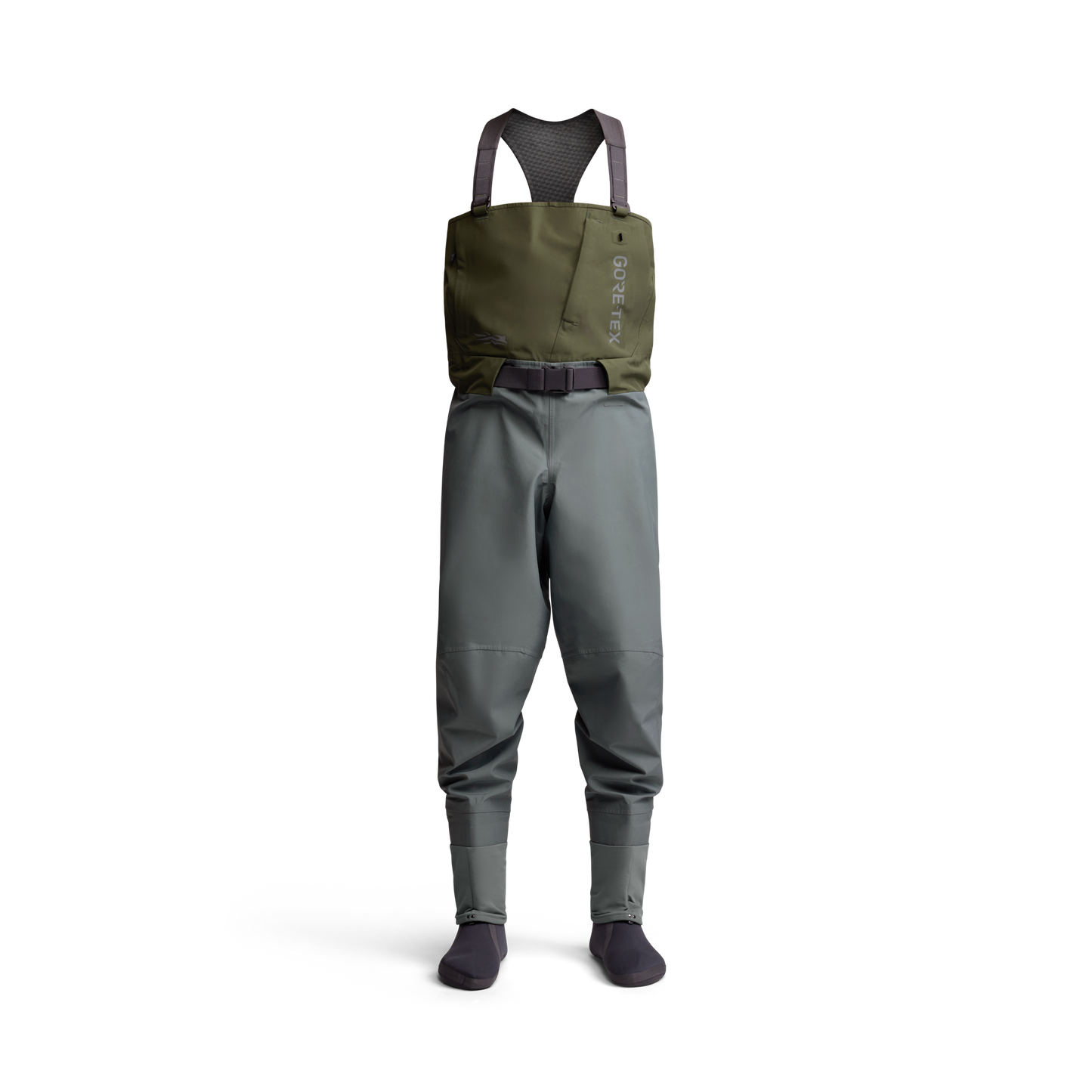 Full view of the Sitka Crosscurrent GTX Stockingfoot Wader standing upright with belt and shoulder straps visible.