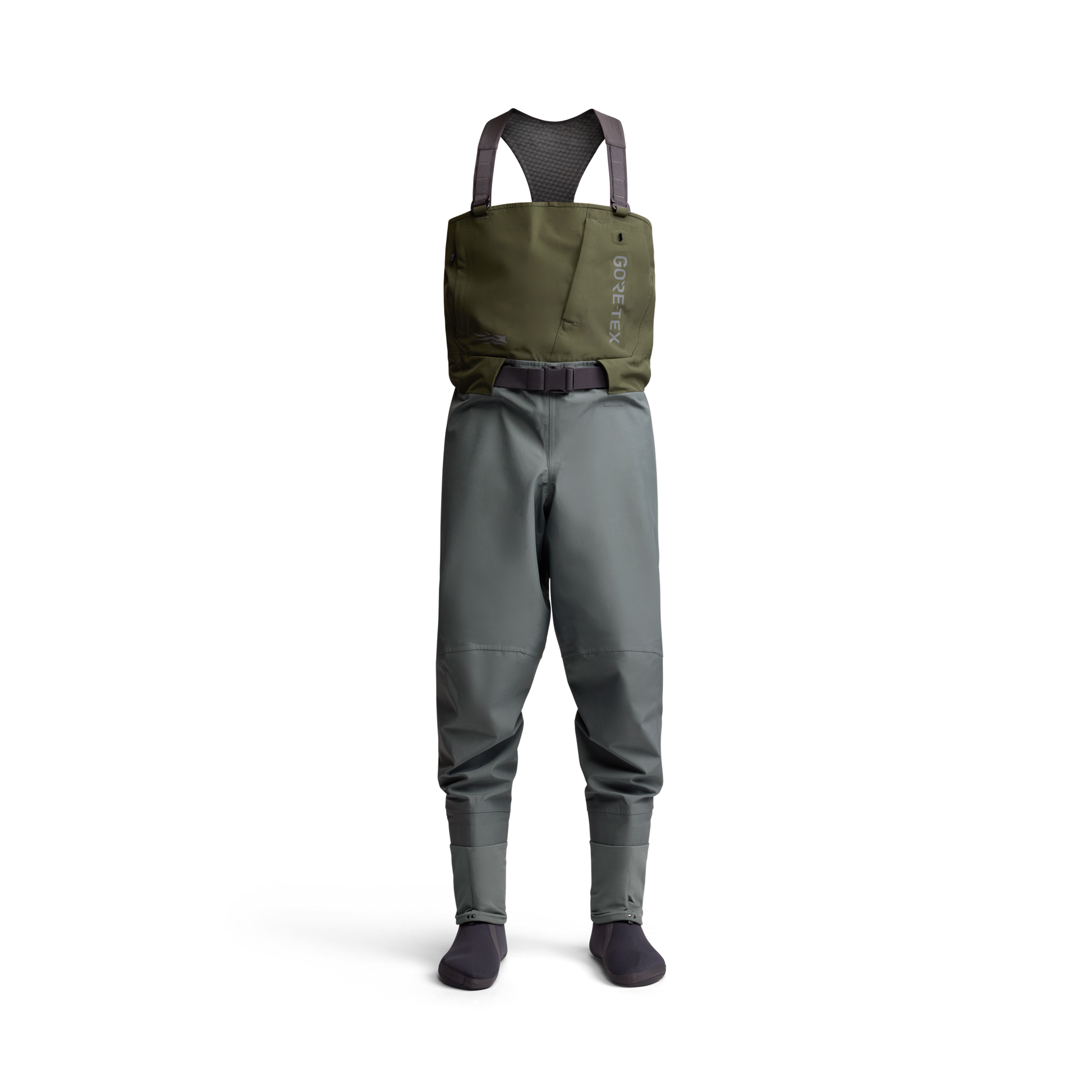Full view of the Sitka Crosscurrent GTX Stockingfoot Wader standing upright with belt and shoulder straps visible.