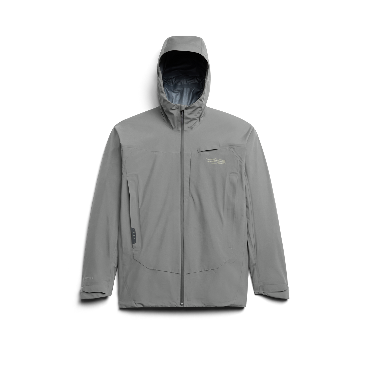 Front view of Sitka Stormfront GTX Jacket in vapor grey with hood and zippered chest pocket