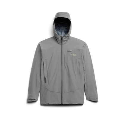Front view of Sitka Stormfront GTX Jacket in vapor grey with hood and zippered chest pocket