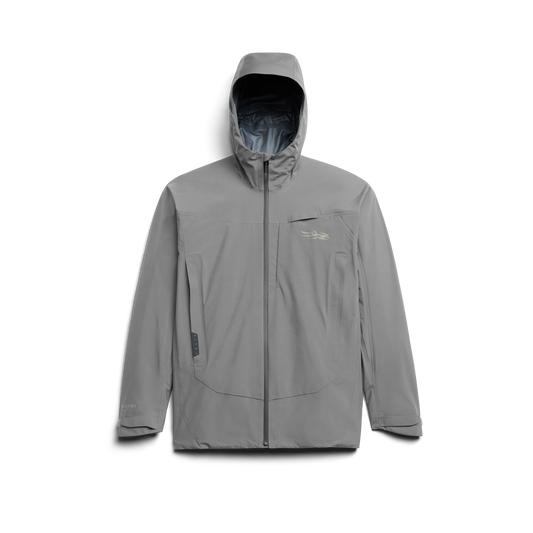 Front view of Sitka Stormfront GTX Jacket in vapor grey with hood and zippered chest pocket