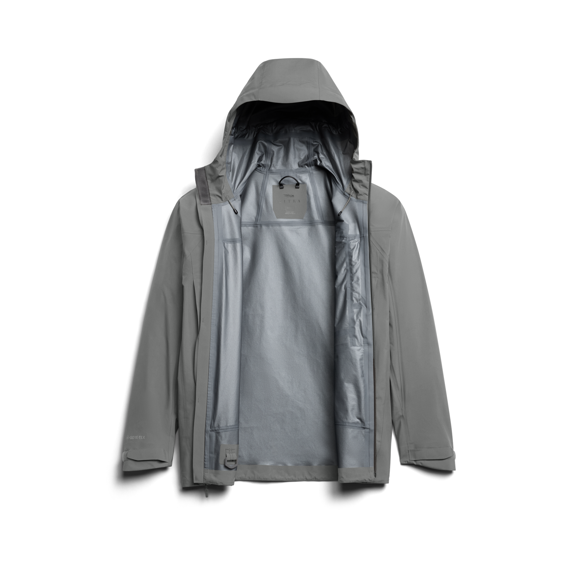 Inside view of Sitka Stormfront GTX Jacket showing internal pockets and mesh lining