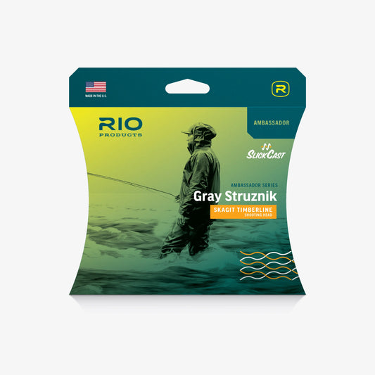 Packaging of the RIO Gray Struznik Skagit Timberline shooting head with angler graphic.