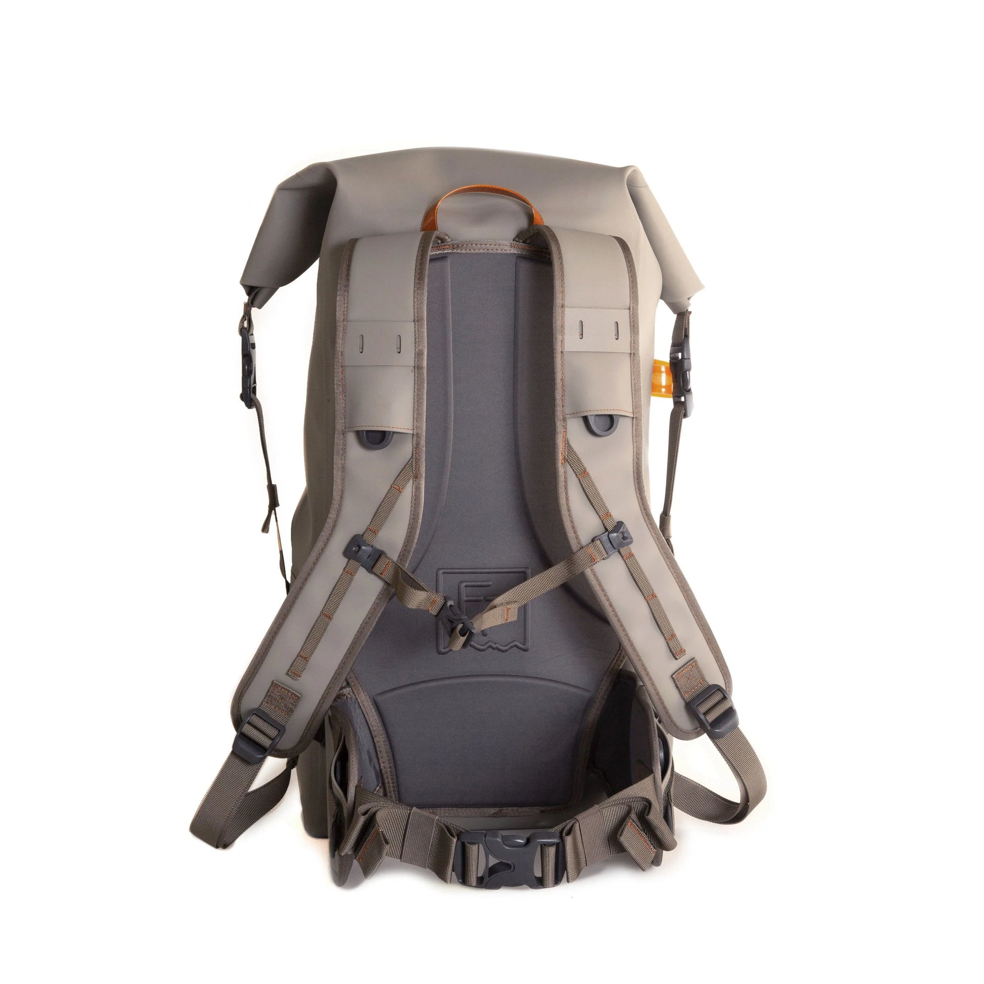 Back view of the Fishpond Wind River Roll-Top Backpack featuring padded straps and breathable back panel.
